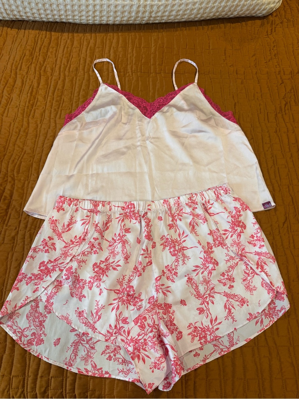 Adore Me White Cami with Pink Lace & Pink Floral Shorts Sleep Set